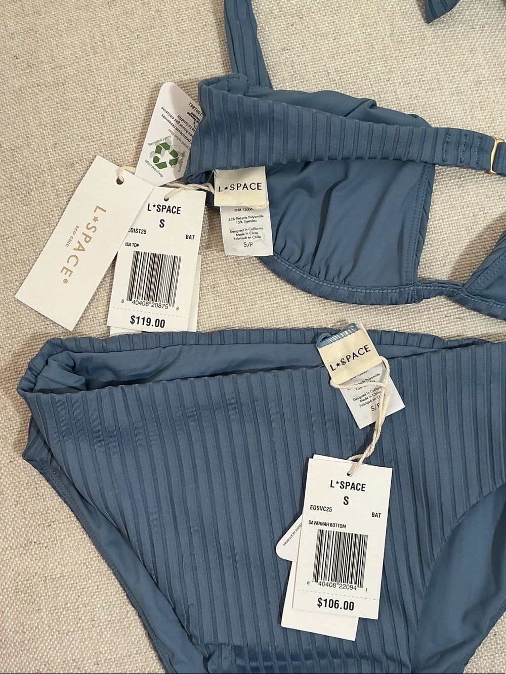 NWT L*SPACE Ribbed High-Waist Bikini Set Slate Blue Underwired Halter Bra Sz S